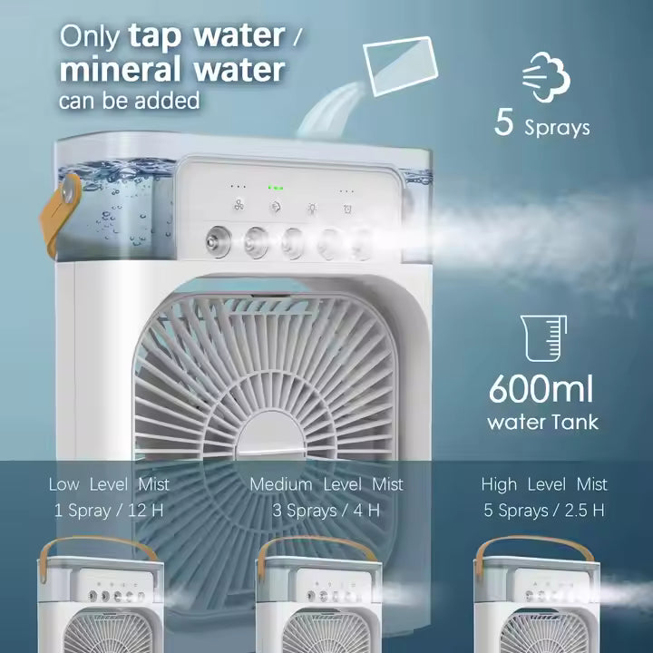 3 in 1 Portable Mini Air Cooler Fan with Ice Water Mist & LED Timer — Beat the Heat!